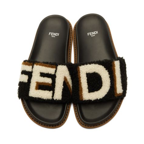 Fendi: Black Shearling Logo Slides 